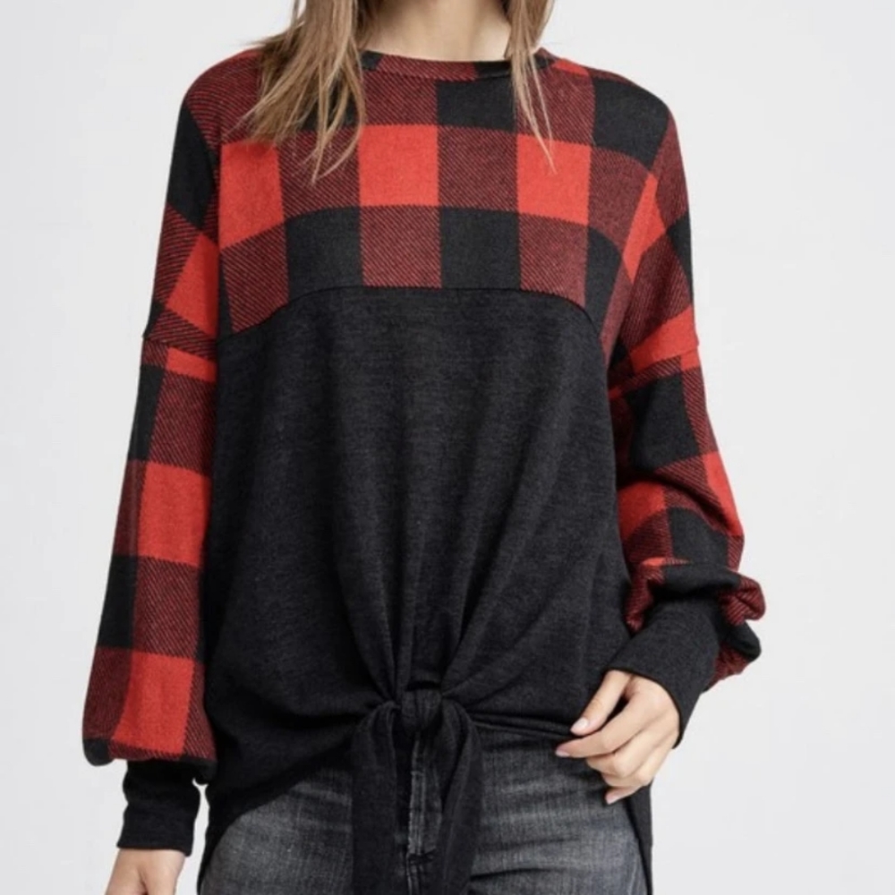 Plaid Balloon Sleeve Tie Front Top